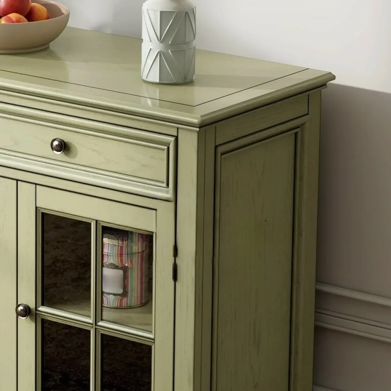 French Country Green Wooden Sideboard with Drawers Image - 11