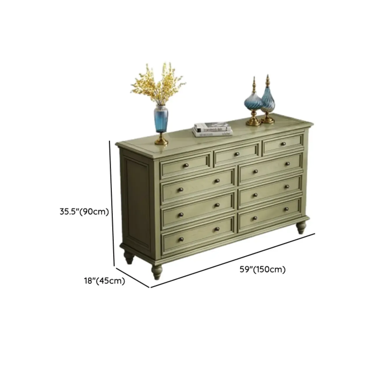 French Country Green Wooden Sideboard with Drawers #size