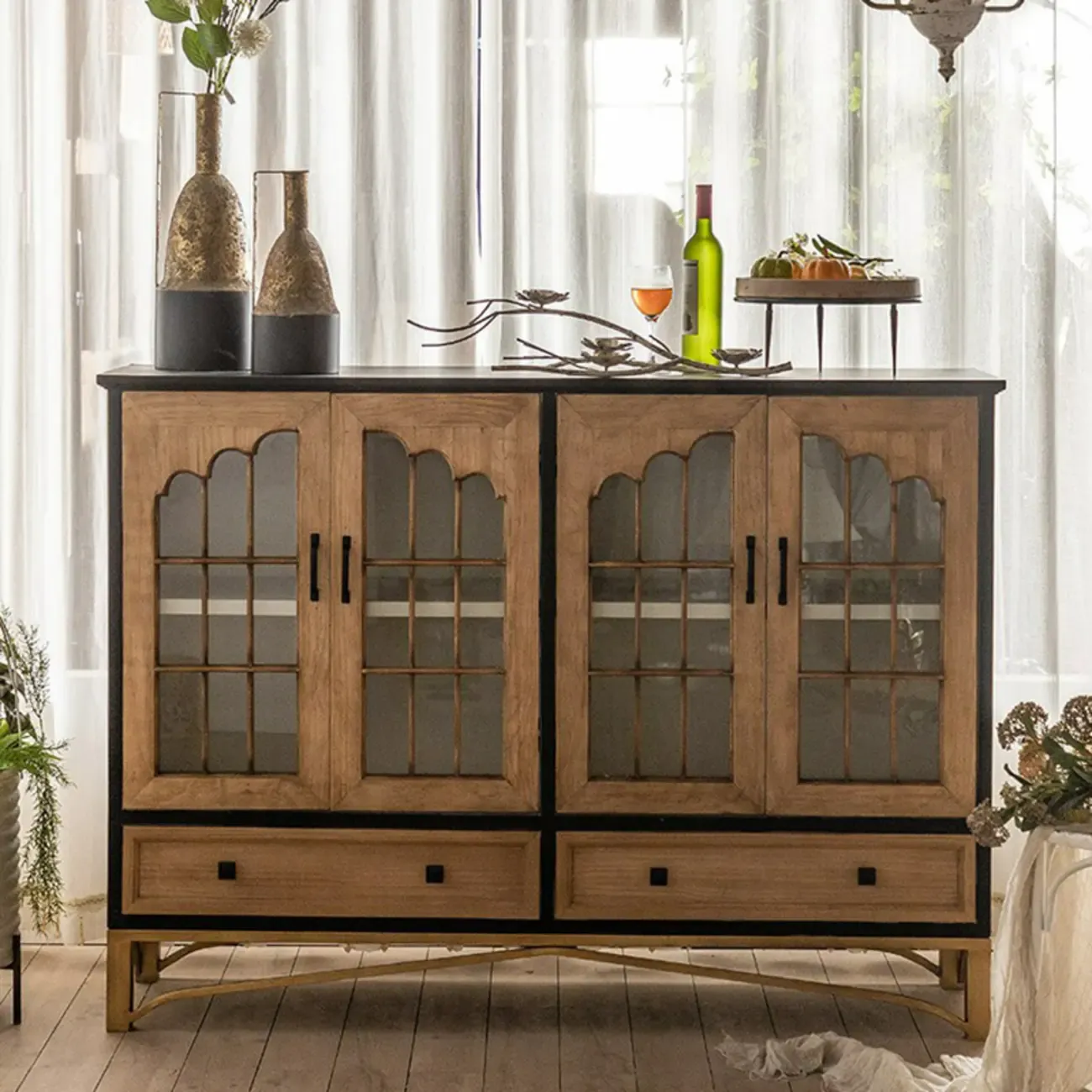 16"W Rustic Brown Wooden Sideboard with Glass Doors & Drawer Image - 2