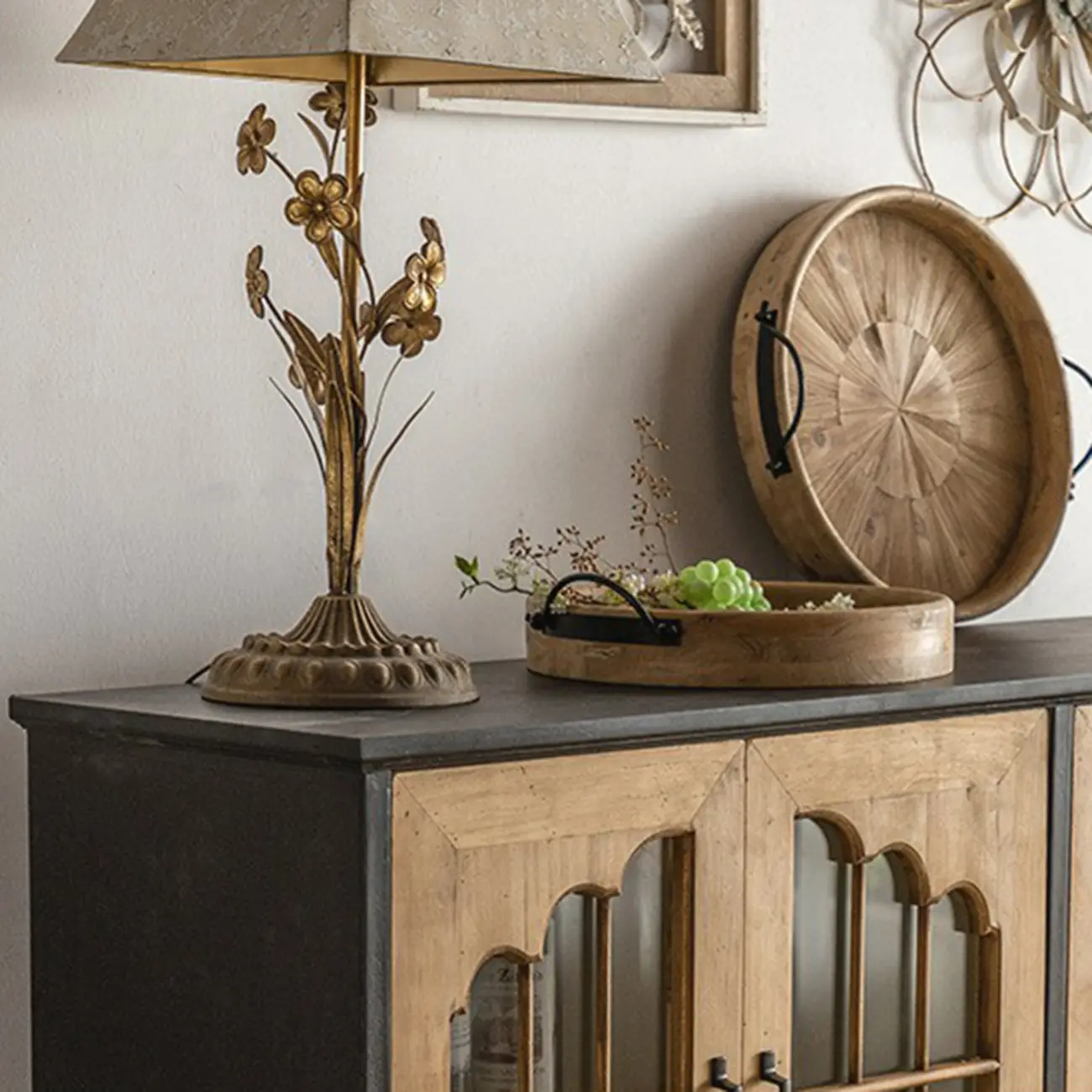 16"W Rustic Brown Wooden Sideboard with Glass Doors & Drawer Image - 6 | homeyfad