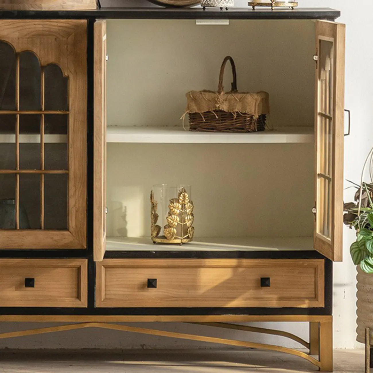 16"W Rustic Brown Wooden Sideboard with Glass Doors & Drawer Image - 7 | homeyfad