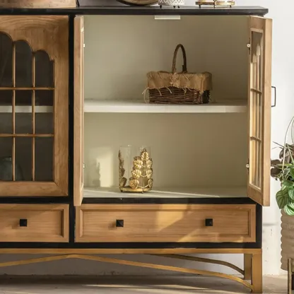 16"W Rustic Brown Wooden Sideboard with Glass Doors & Drawer Image - 7