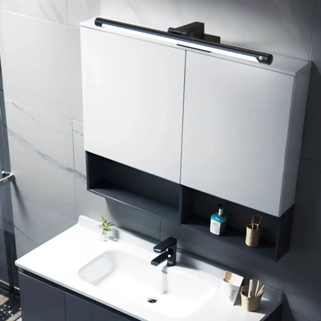 Modern Black Sleek Tubular LED Vanity Light for Cabinet Front Image - 7
