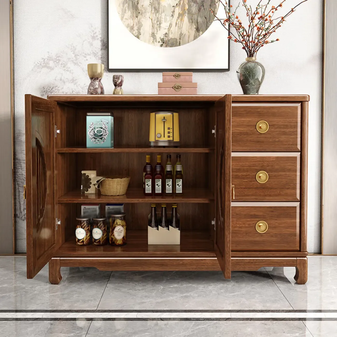 Traditional Wooden Sideboard with Cabinet & Drawer in Walnut Image - 2