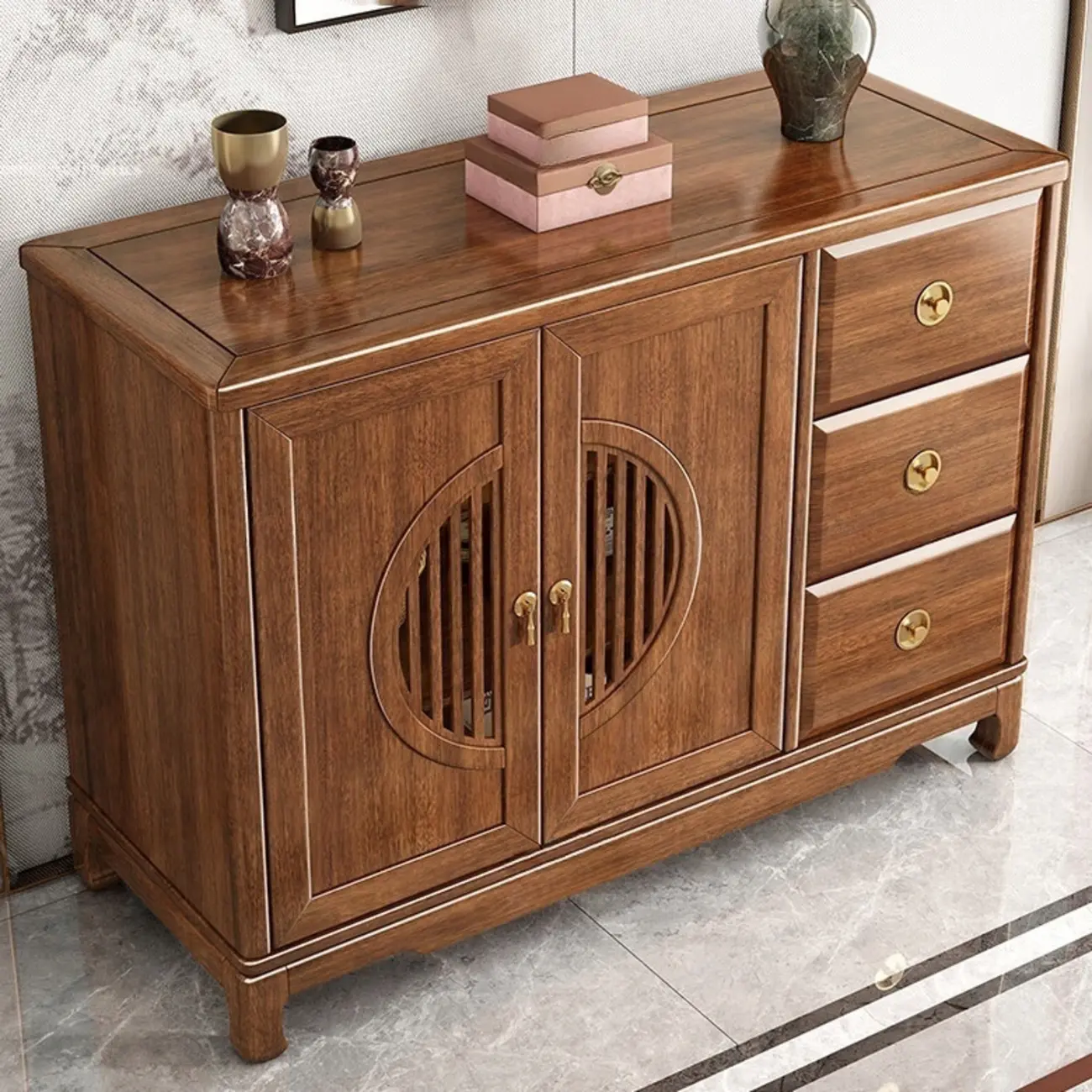 Traditional Wooden Sideboard with Cabinet & Drawer in Walnut Image - 4 | homeyfad