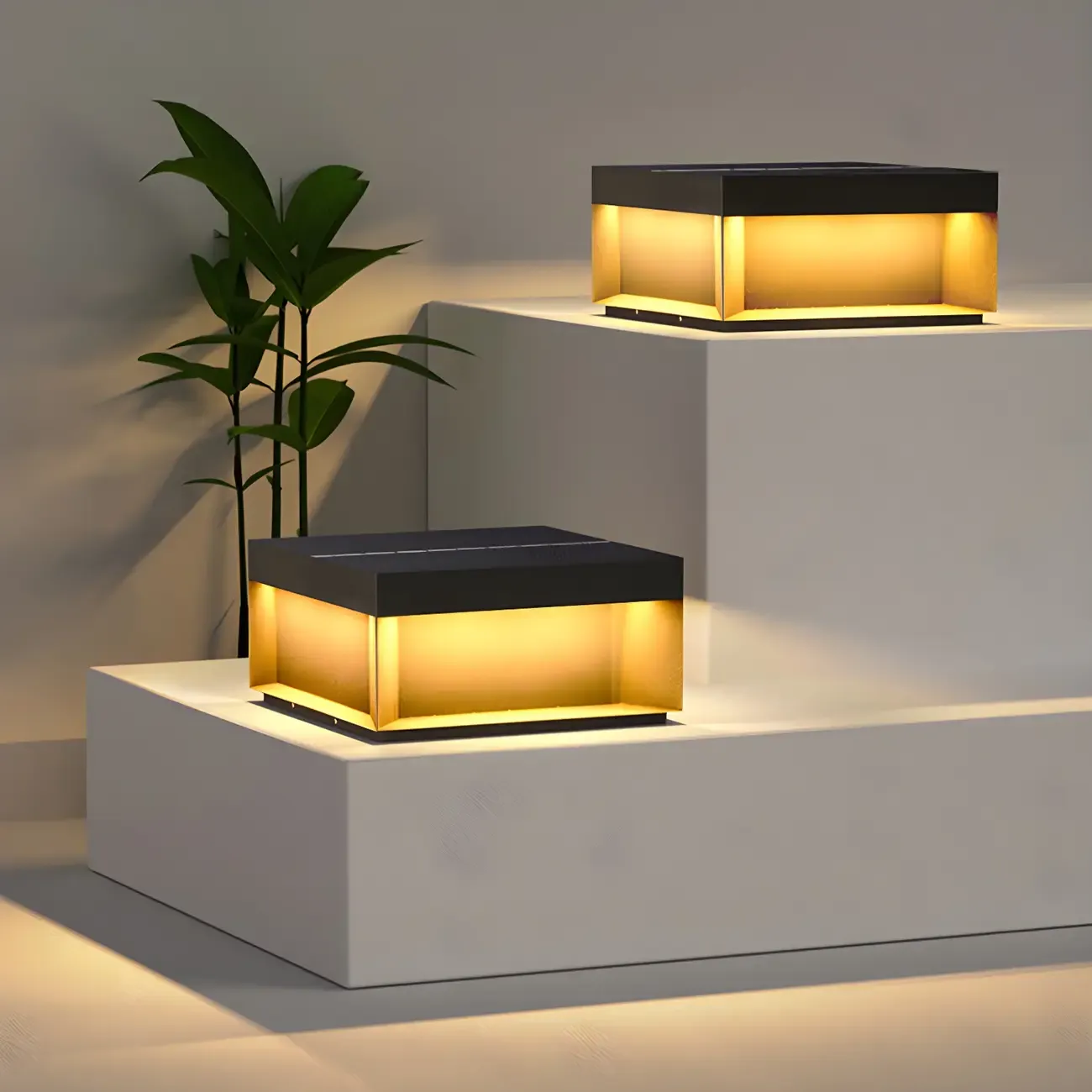 Black Square Metal Pillar Lamp with Warm LED Light - Solar Powered Image - 1