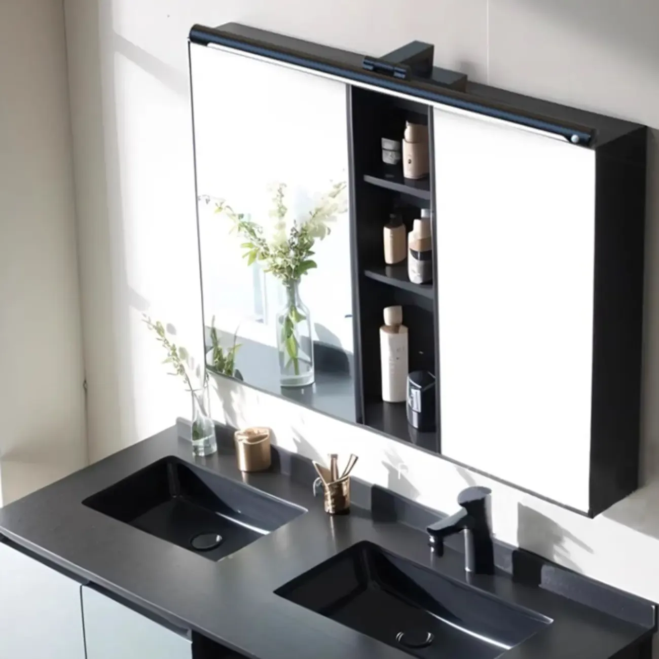 Modern Black Sleek Tubular LED Vanity Light for Cabinet Front Image - 15