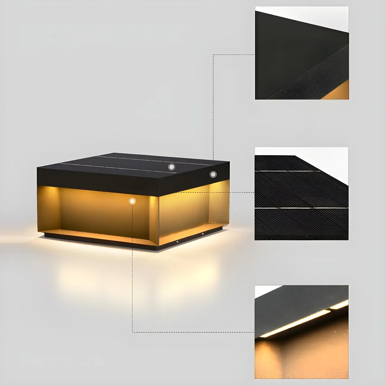 Black Square Metal Pillar Lamp with Warm LED Light - Solar Powered Image - 5