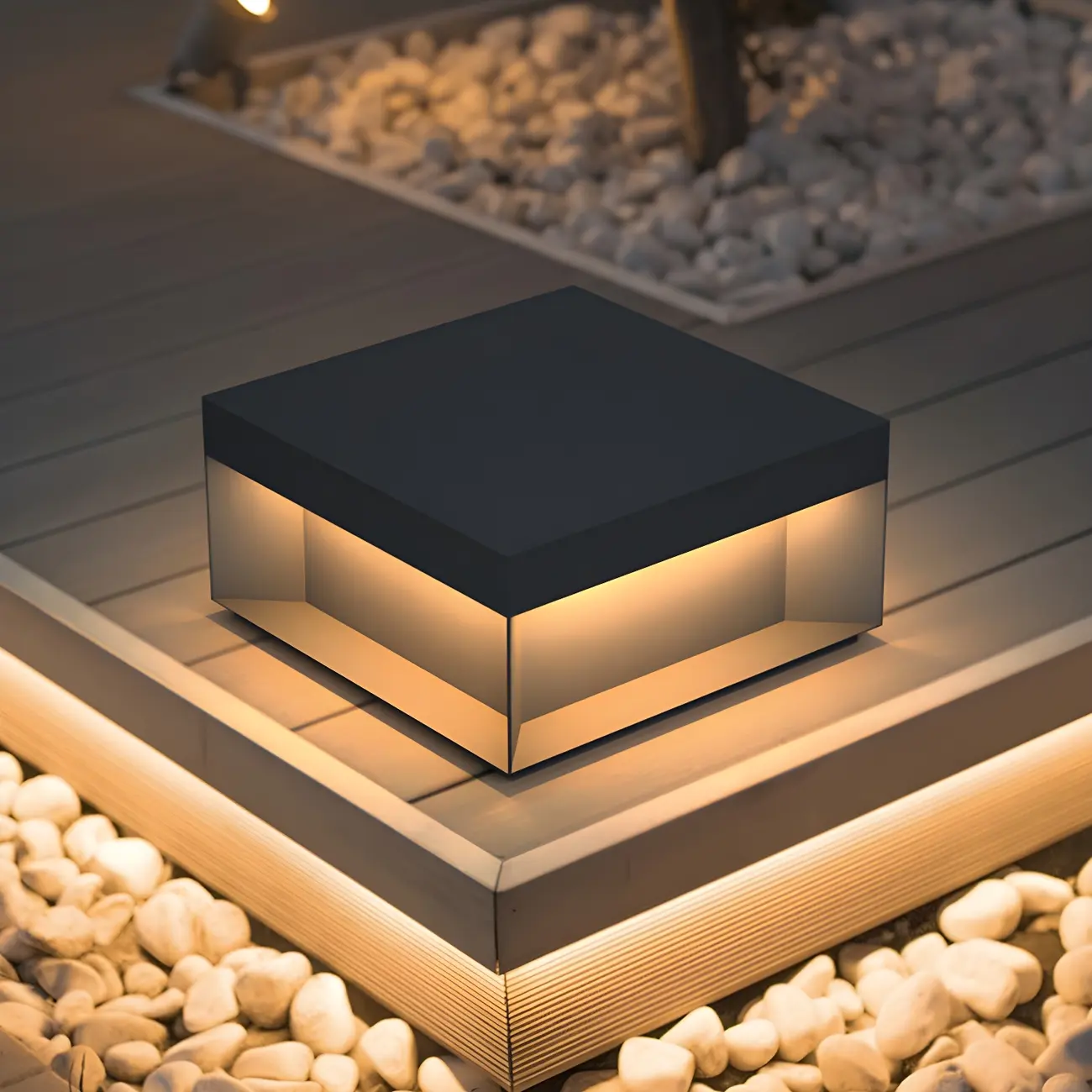 Black Square Metal Pillar Lamp with Warm LED Light - Solar Powered Image - 9 | homeyfad