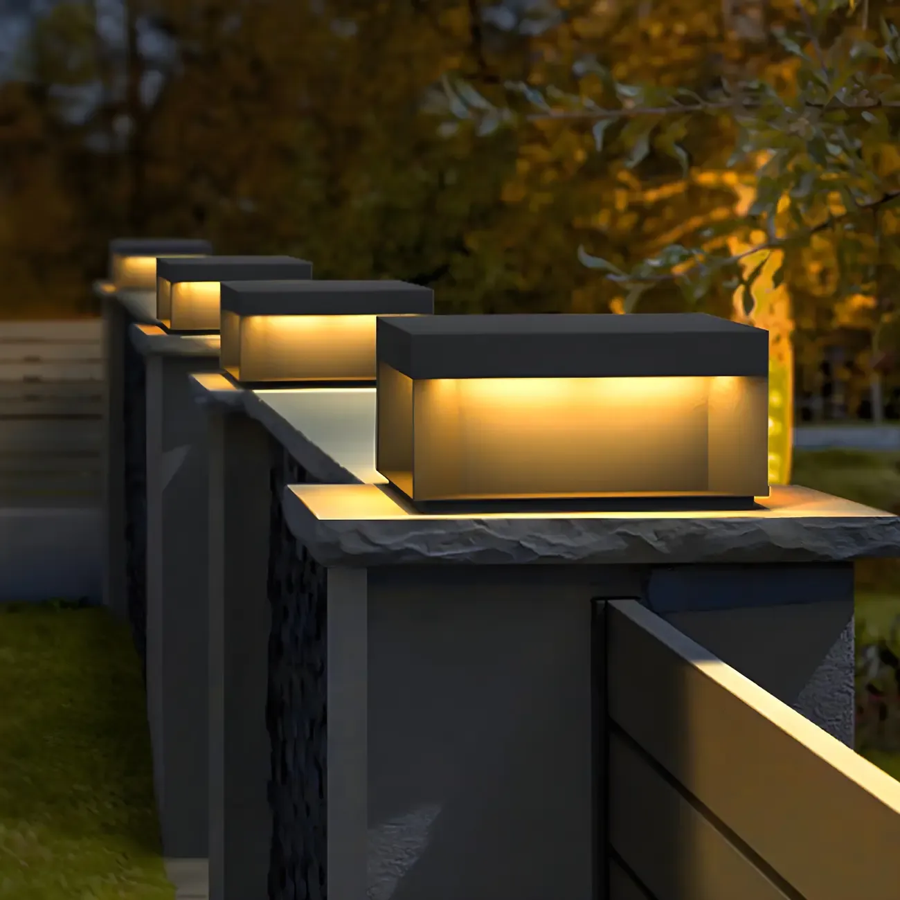Black Square Metal Pillar Lamp with Warm LED Light - Solar Powered Image - 13