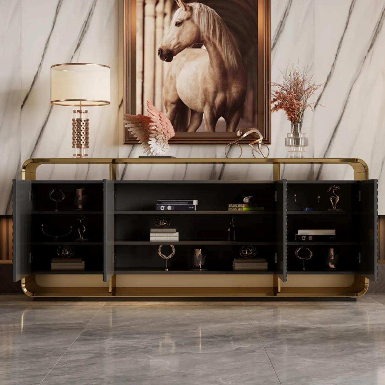 Glam Metal and Wood Sideboard with Shelves Image - 6 | homeyfad