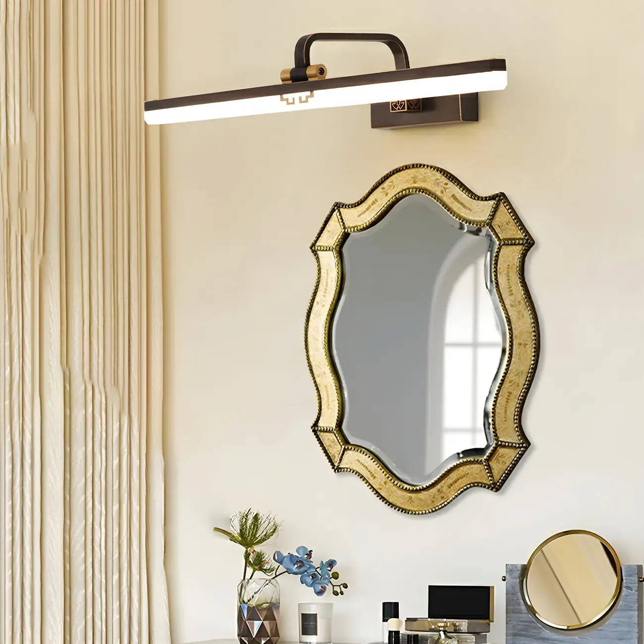 Zen Metal Black Linear LED Vanity Light with Arced Arm for Bathroom Mirror Image - 4