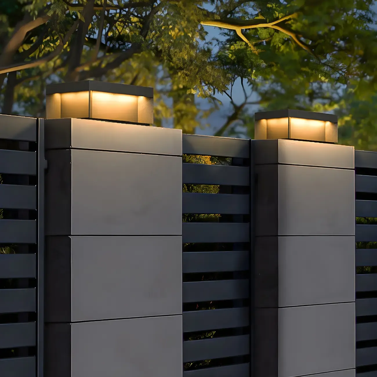 Black Square Metal Pillar Lamp with Warm LED Light - Solar Powered Image - 14
