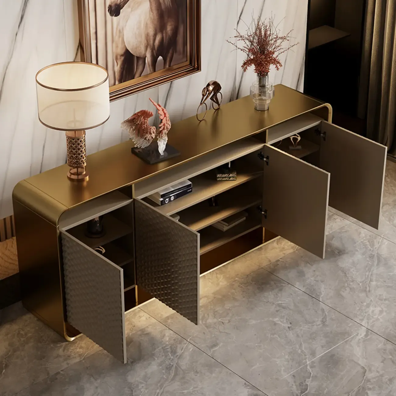 Glam Metal and Wood Sideboard with Shelves Image - 8