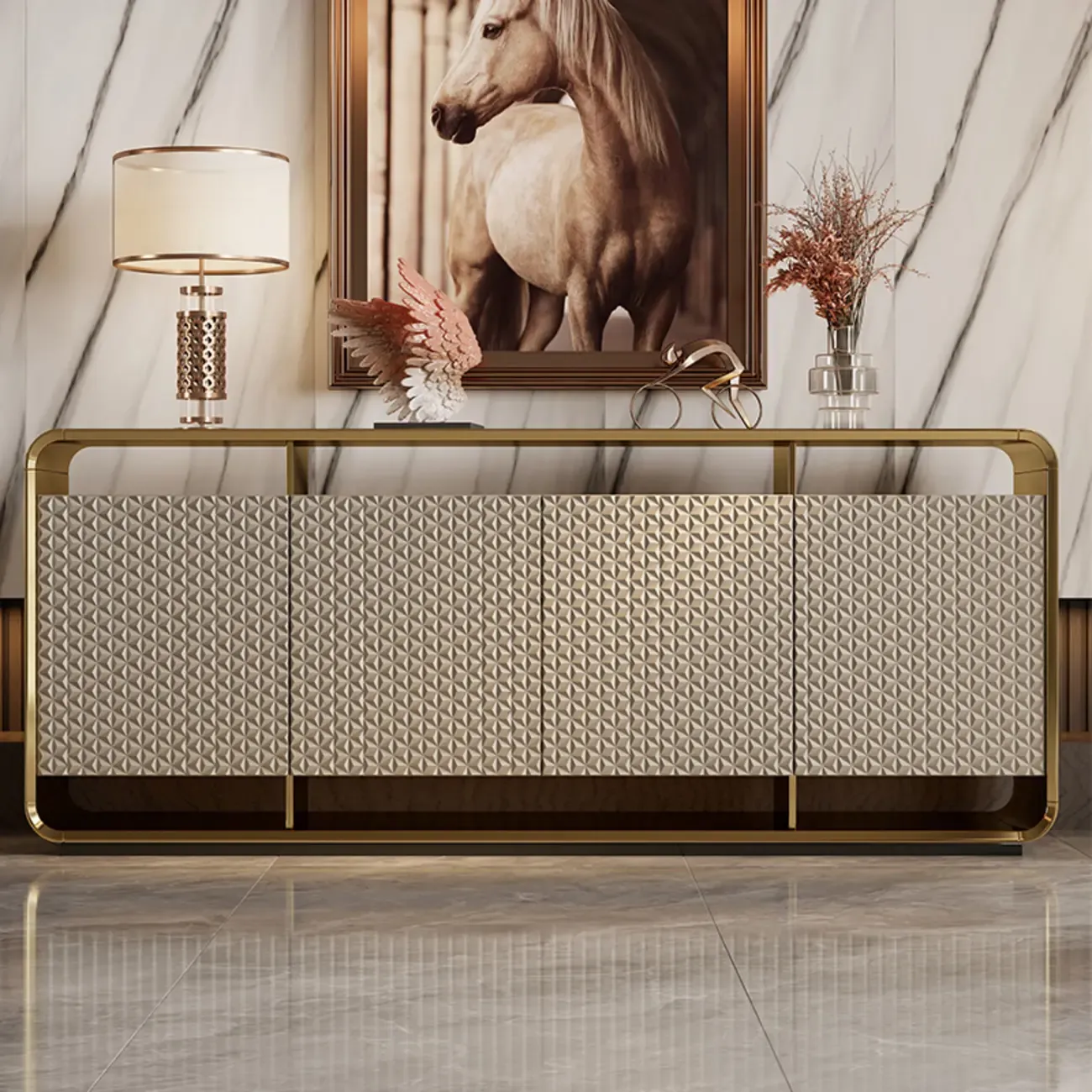 Glam Metal and Wood Sideboard with Shelves Image - 9