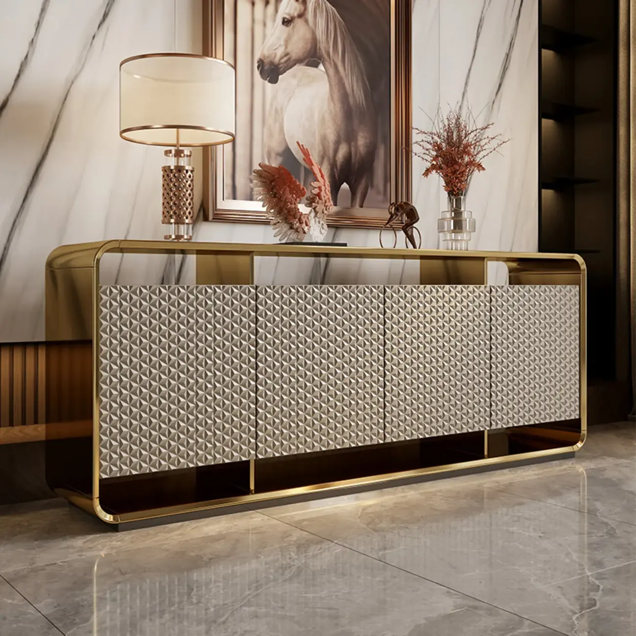 Glam Metal and Wood Sideboard with Shelves Image - 11