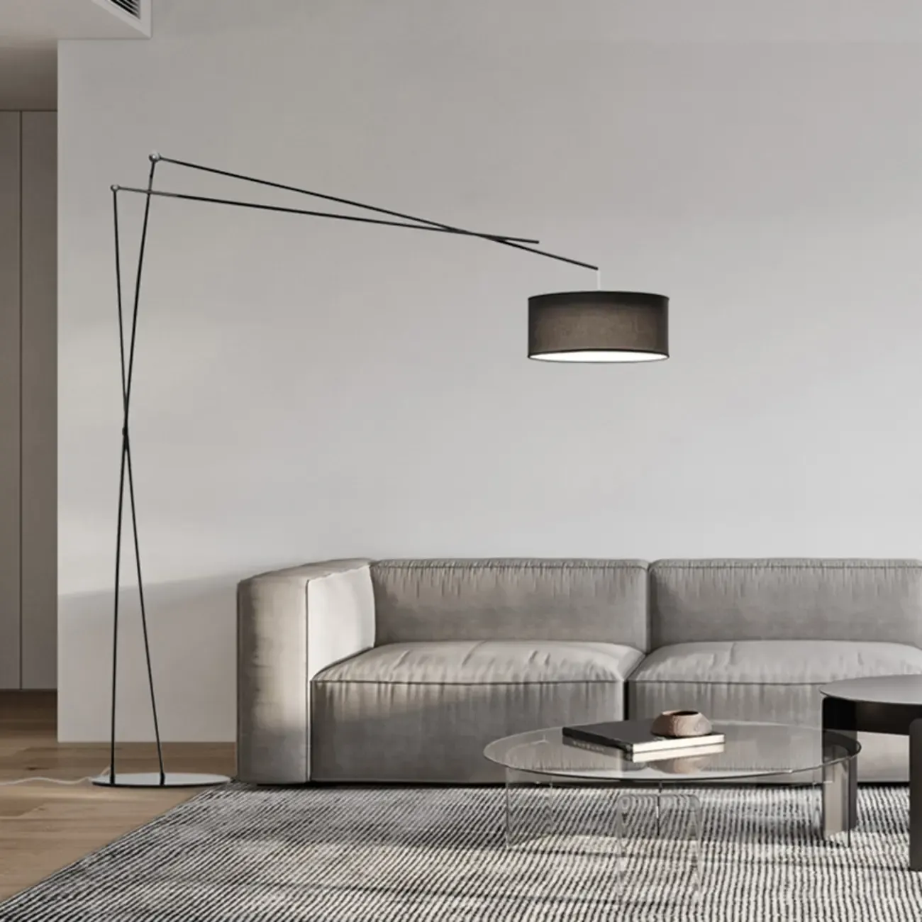 Unique Metal Black Arc Floor Lamp with Drum Fabric Shade Image - 1