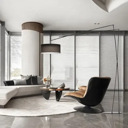 Unique Metal Black Arc Floor Lamp with Drum Fabric Shade Image - 2