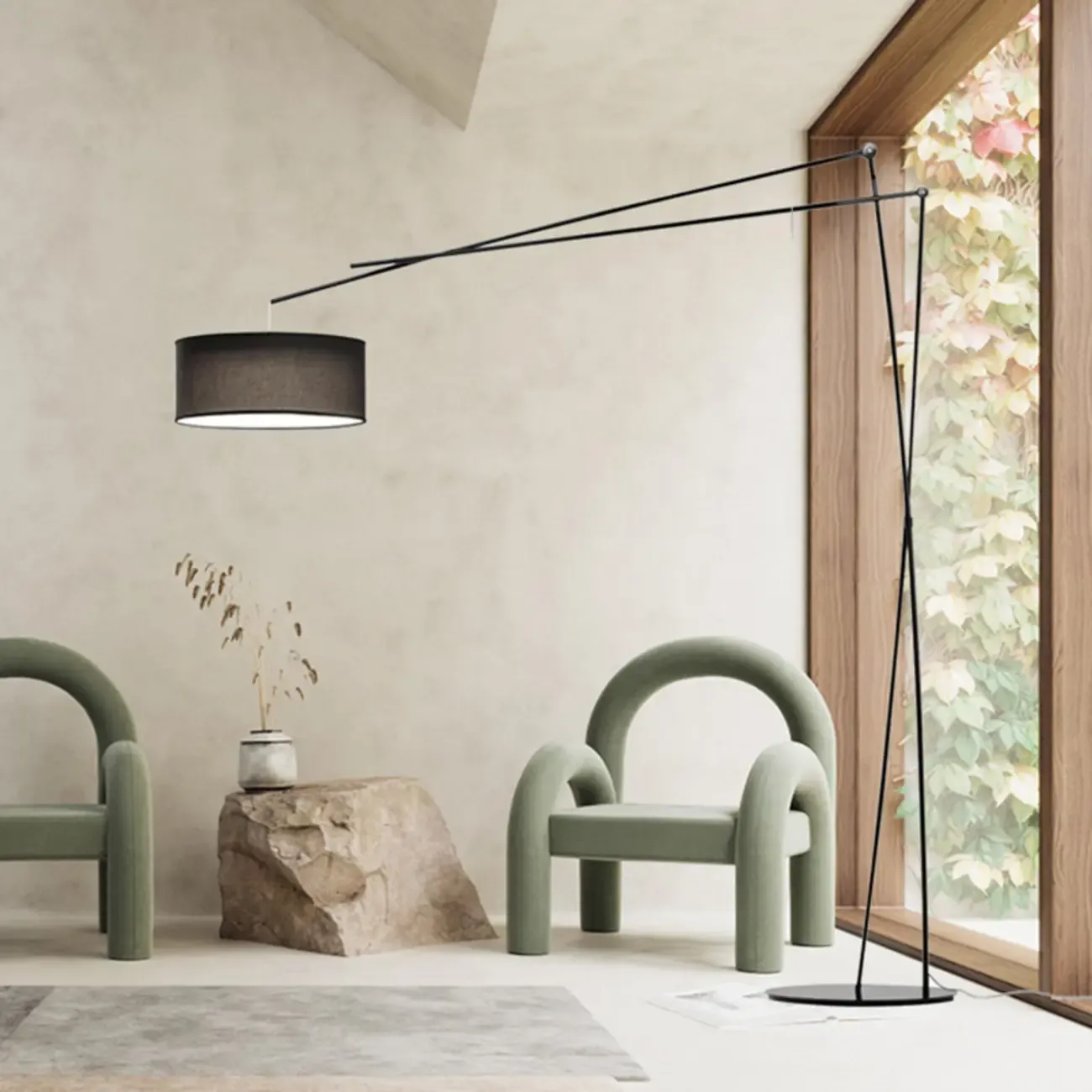 Unique Metal Black Arc Floor Lamp with Drum Fabric Shade Image - 3