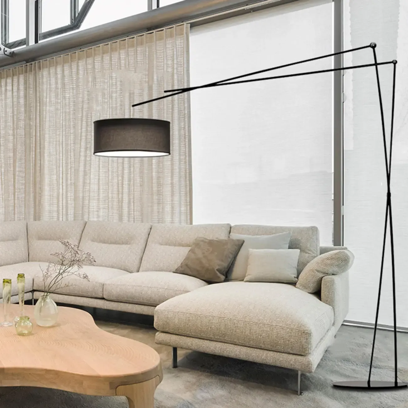 Unique Metal Black Arc Floor Lamp with Drum Fabric Shade Image - 4