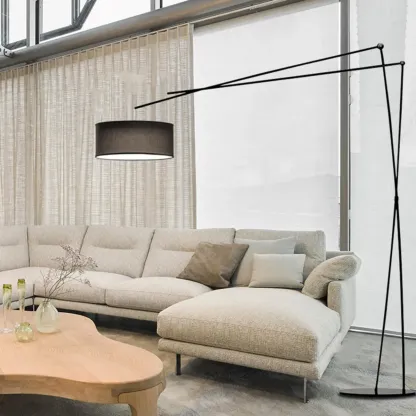 Unique Metal Black Arc Floor Lamp with Drum Fabric Shade Image - 4