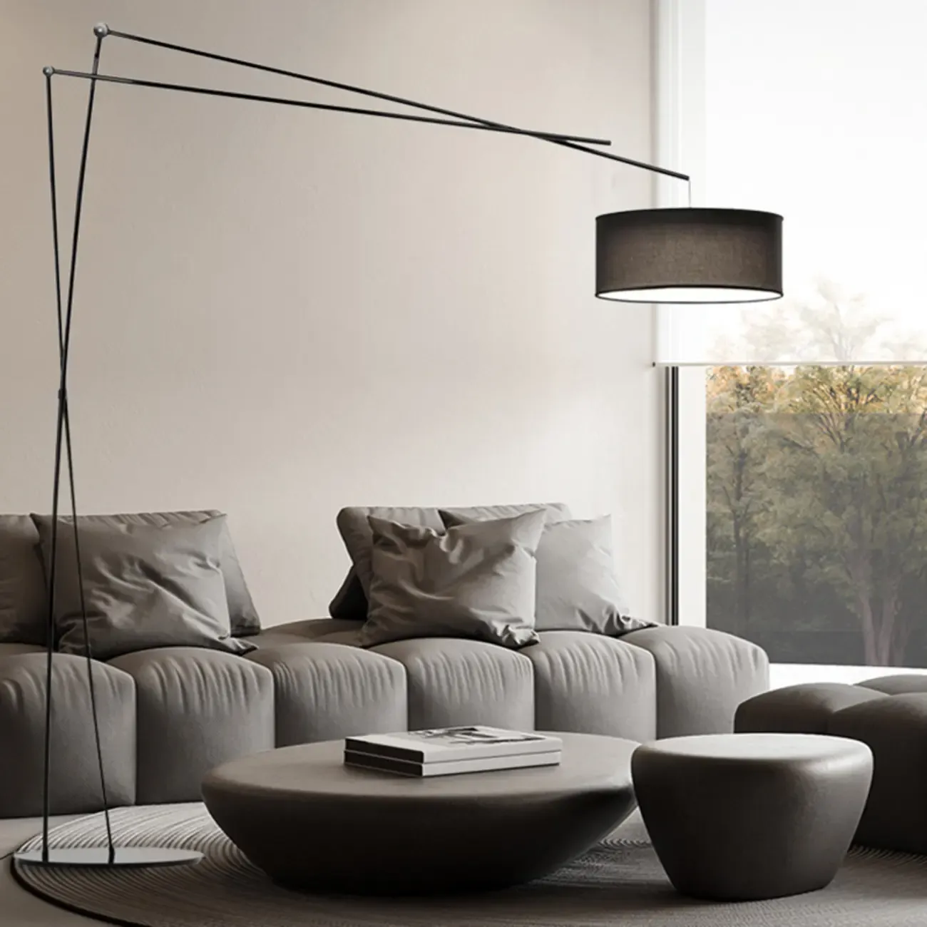 Unique Metal Black Arc Floor Lamp with Drum Fabric Shade Image - 5