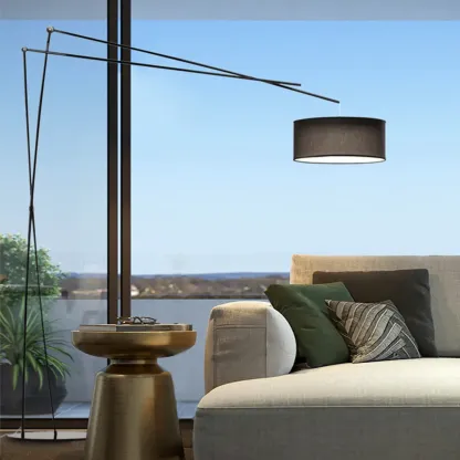 Unique Metal Black Arc Floor Lamp with Drum Fabric Shade Image - 9