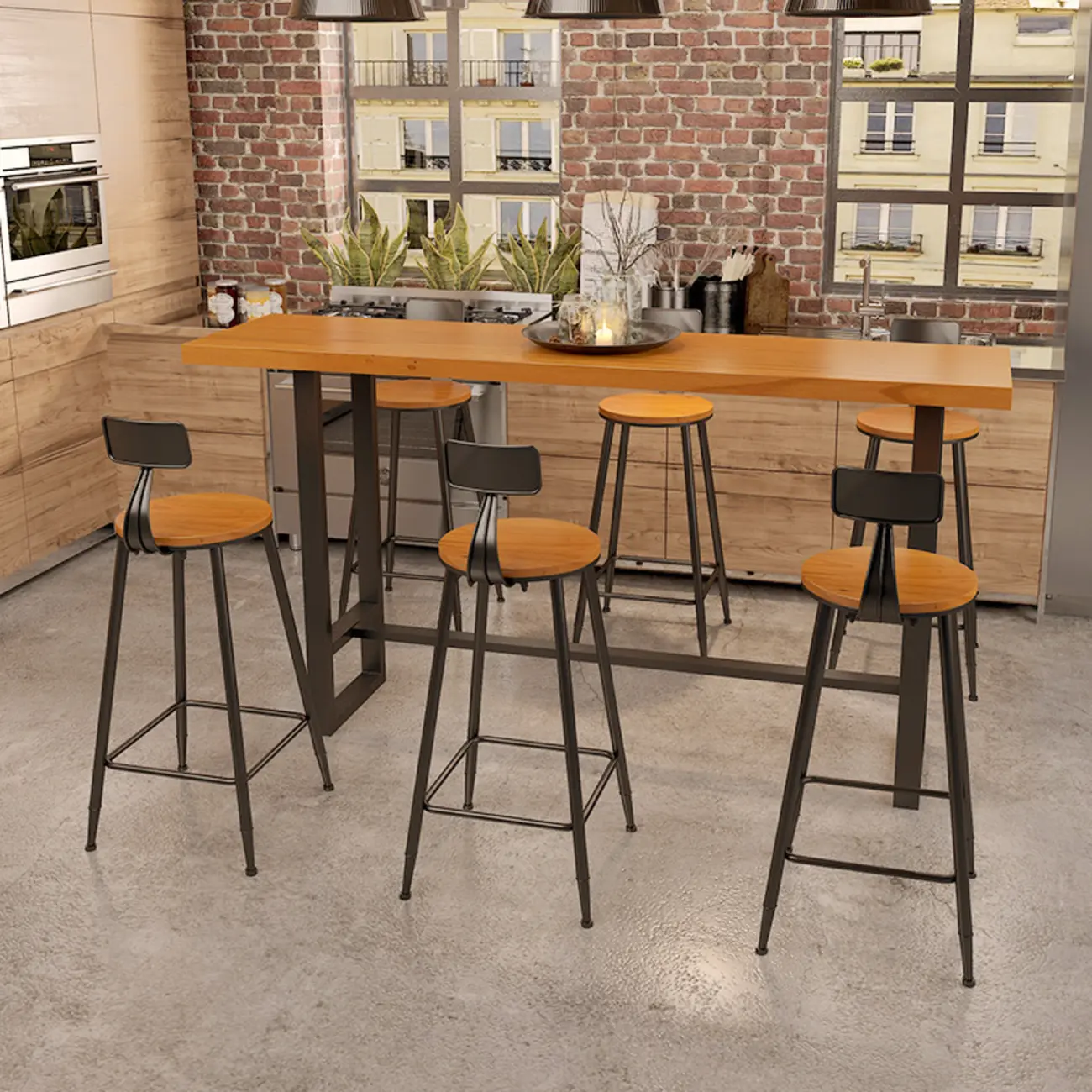 Industrial Wood Bar Table Set with Black Metal Base Image - 1 | homeyfad