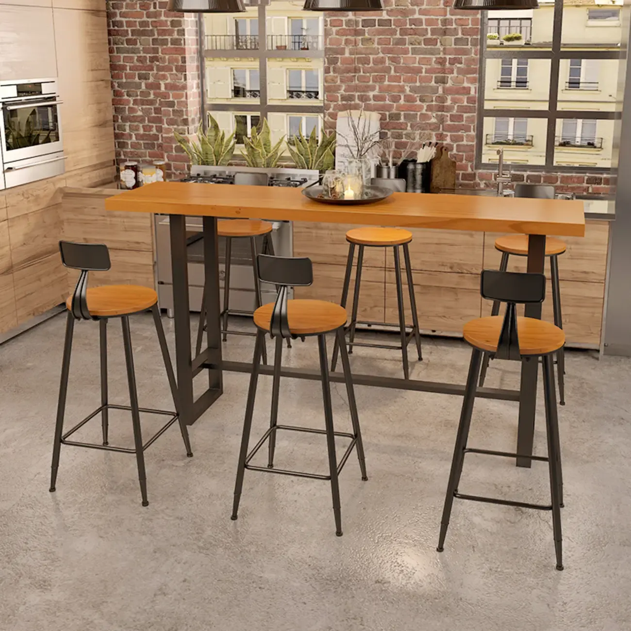 Industrial Wood Bar Table Set with Black Metal Base Image - 1