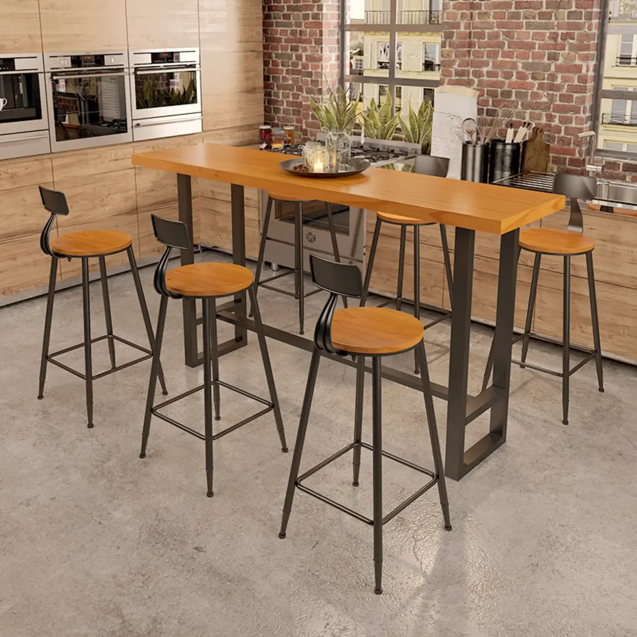 Industrial Wood Bar Table Set with Black Metal Base Image - 2