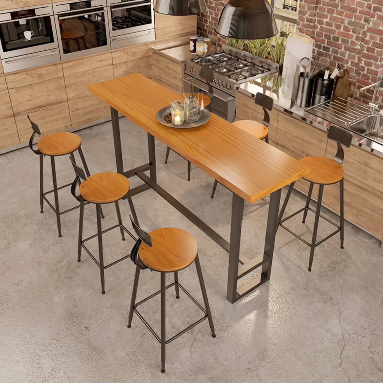 Industrial Wood Bar Table Set with Black Metal Base Image - 4