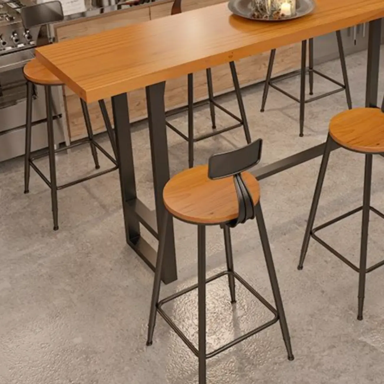 Industrial Wood Bar Table Set with Black Metal Base Image - 5