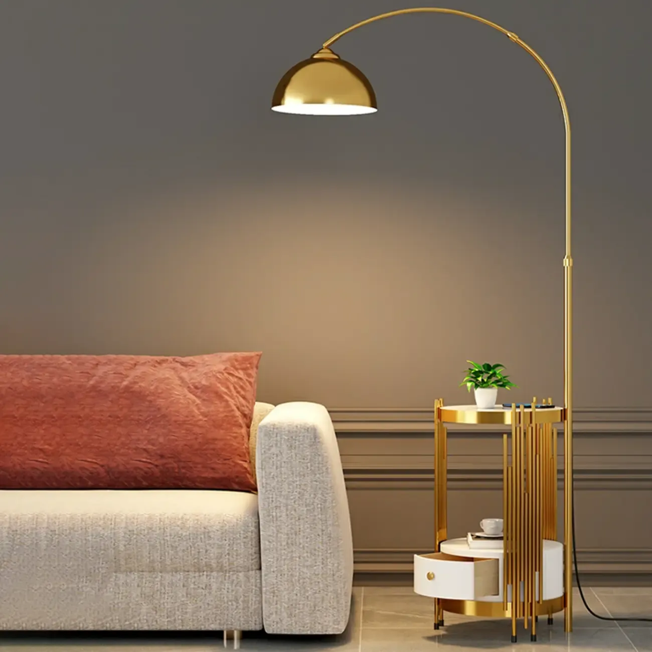 Gold Adjustable Modern Arc Floor Lamp with Shelves Image - 1