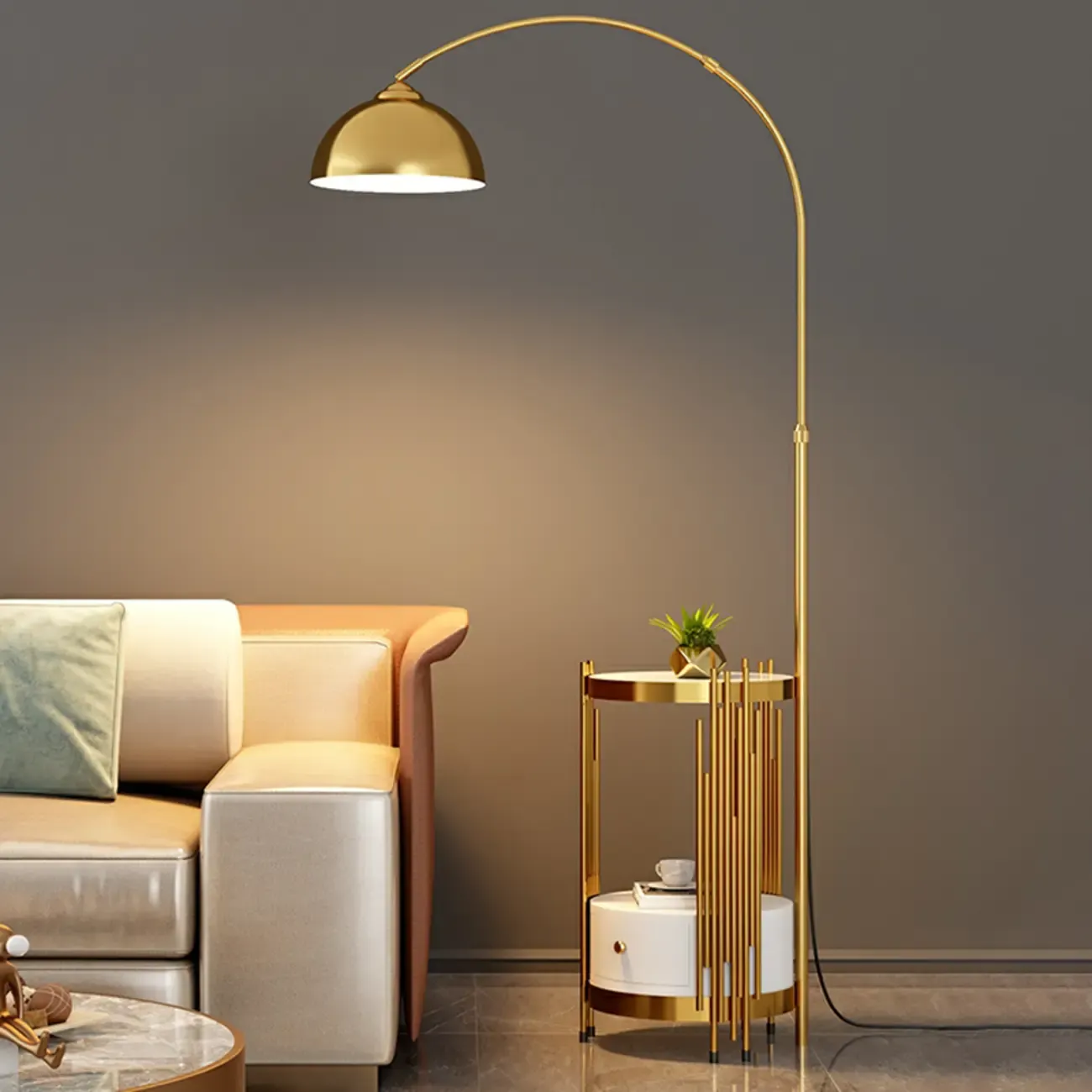 Gold Adjustable Modern Arc Floor Lamp with Shelves Image - 2