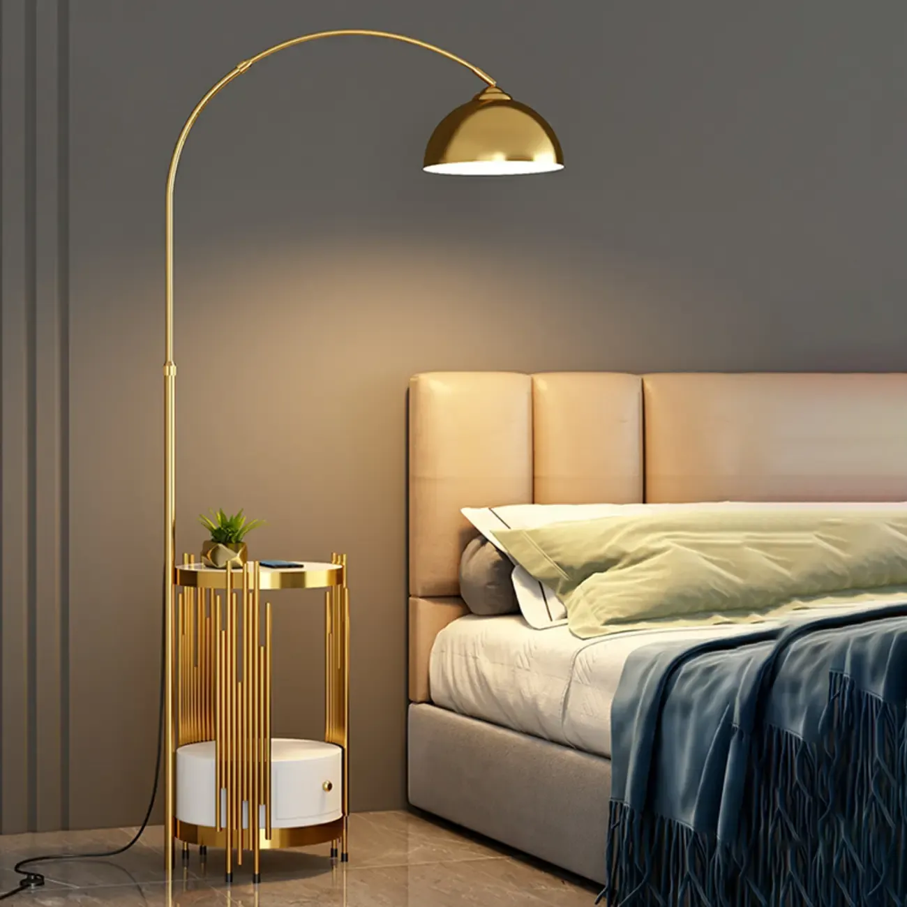 Gold Adjustable Modern Arc Floor Lamp with Shelves Image - 3