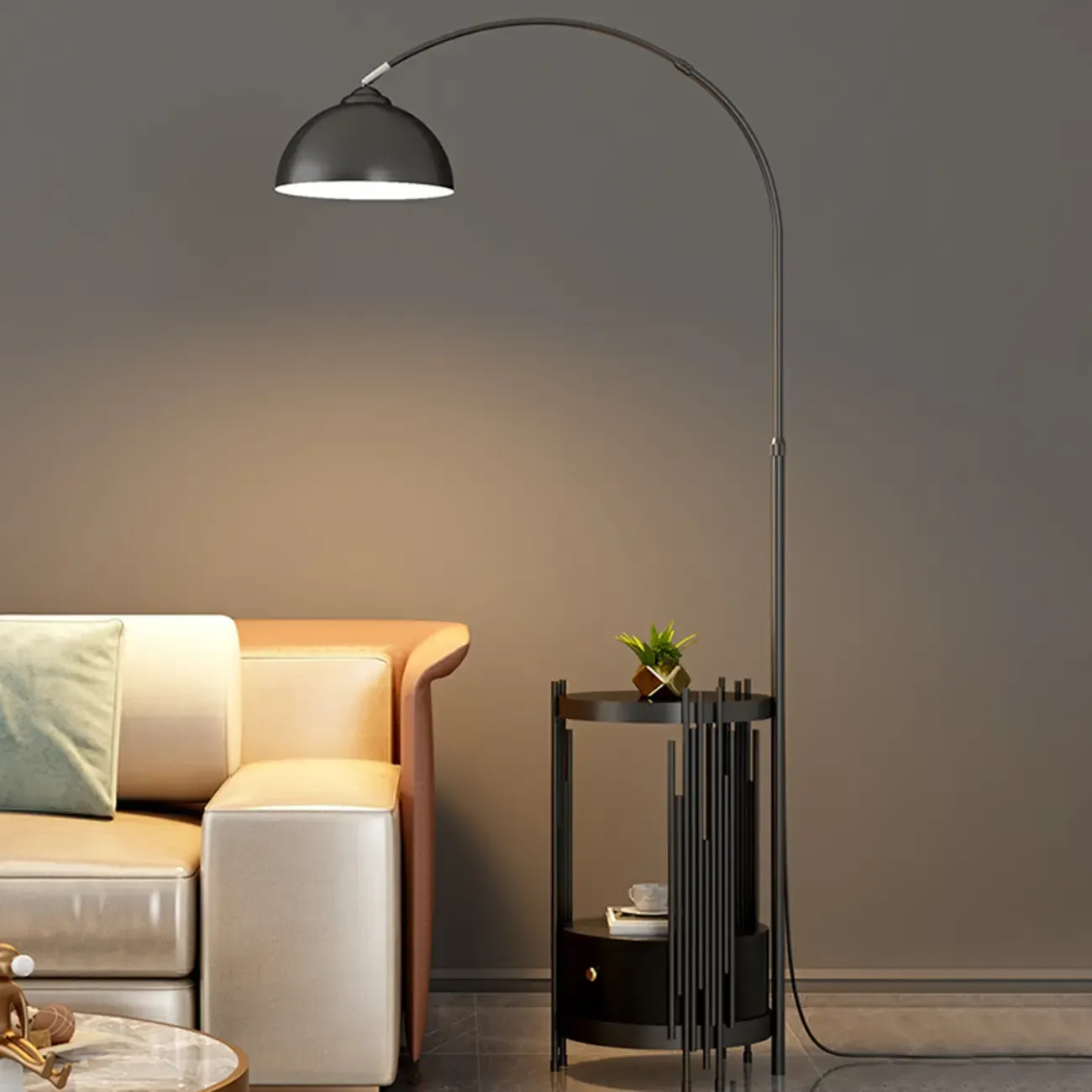 Gold Adjustable Modern Arc Floor Lamp with Shelves Image - 4