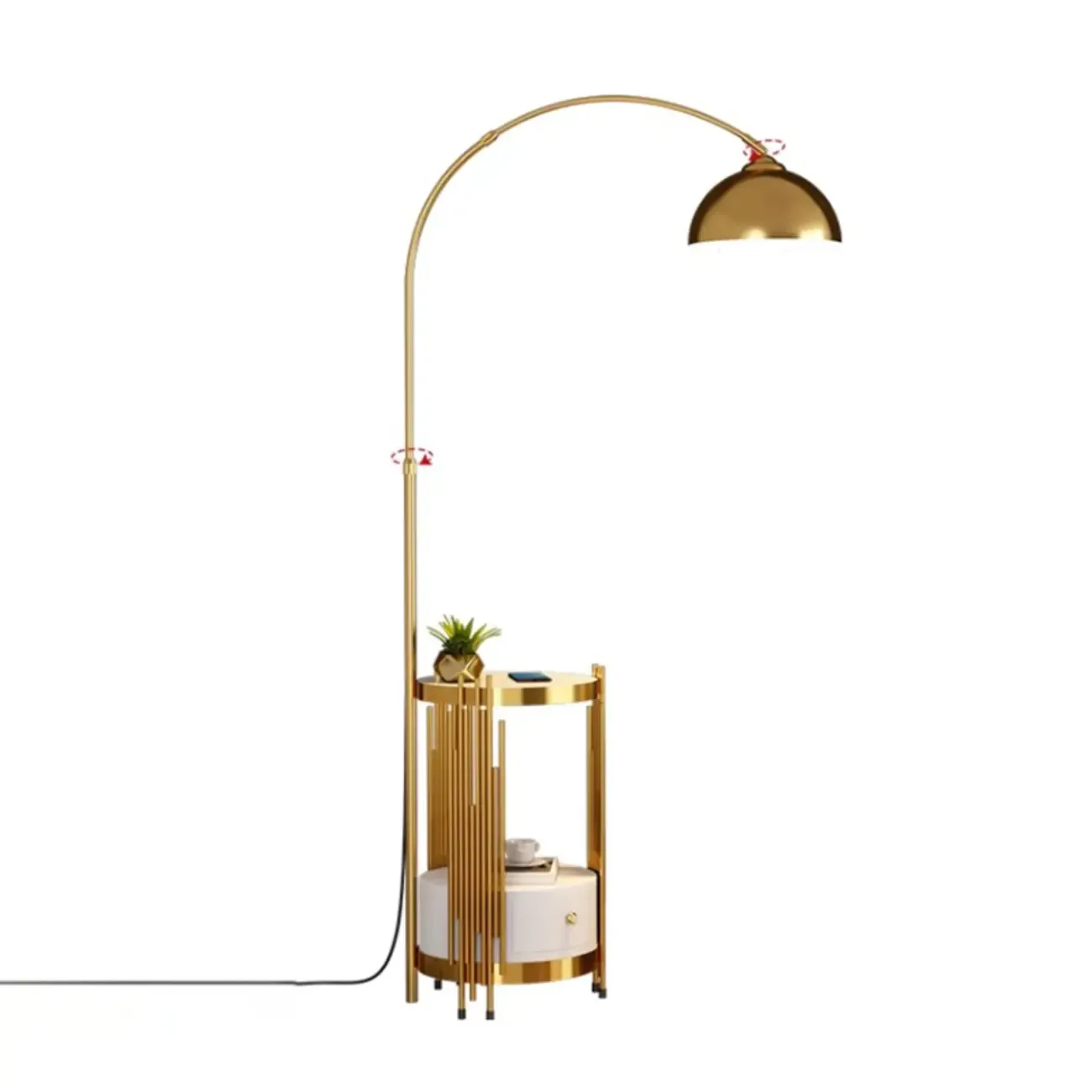 Gold Adjustable Modern Arc Floor Lamp with Shelves Image - 5