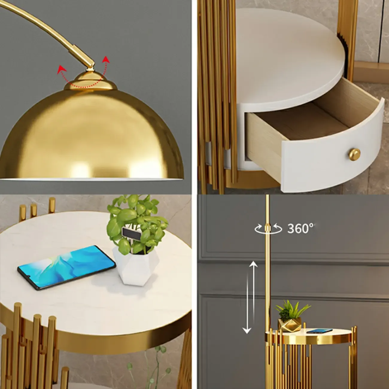 Gold Adjustable Modern Arc Floor Lamp with Shelves Image - 6