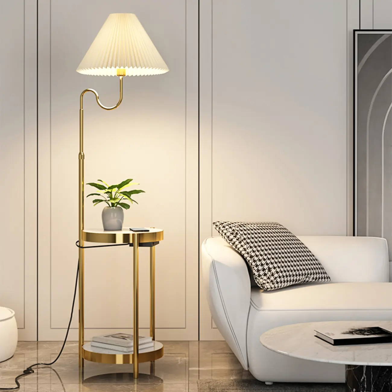 Practical Modern Metal Floor Lamp with Shelf and Pleated Shade Image - 2 | homeyfad