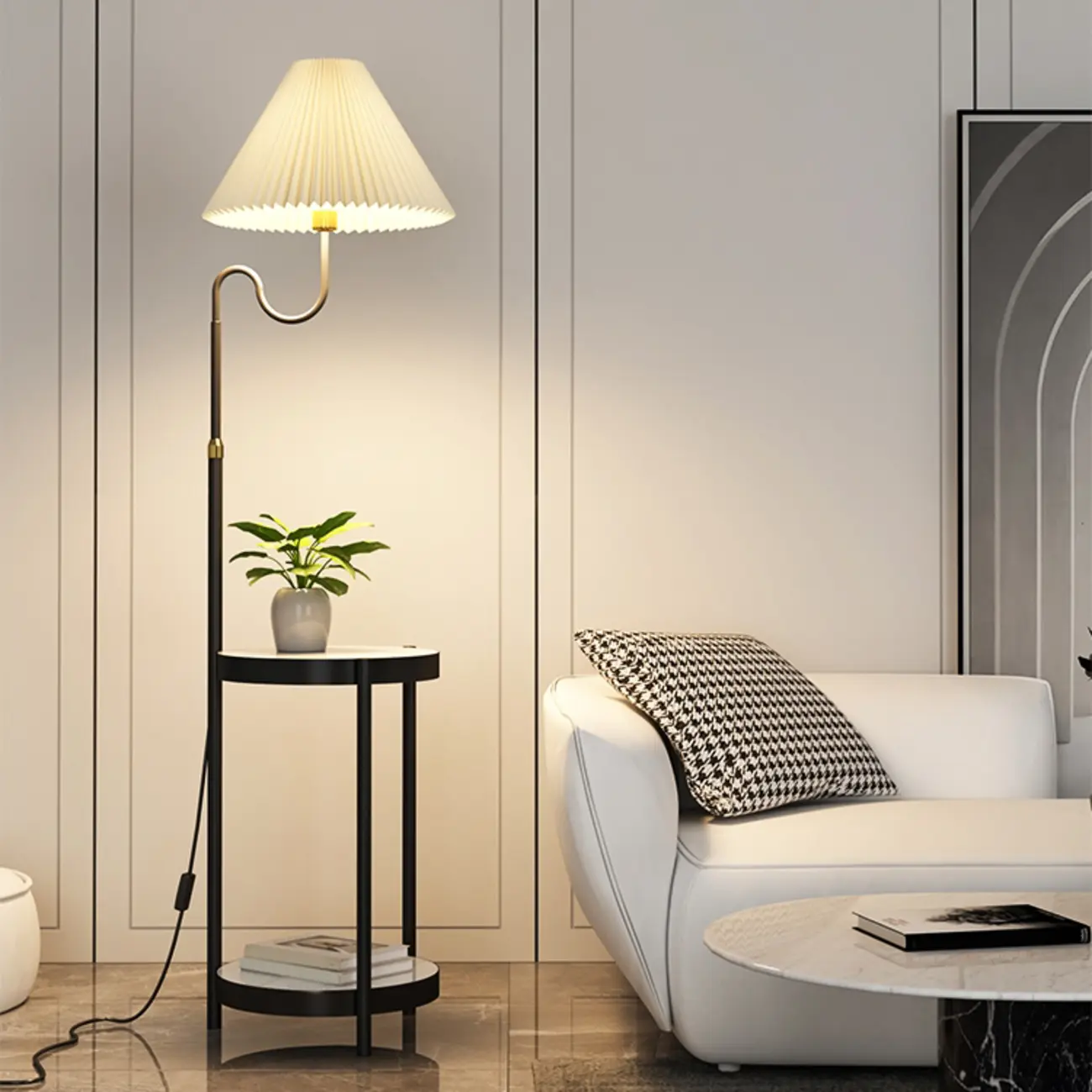 Practical Modern Metal Floor Lamp with Shelf and Pleated Shade Image - 3 | homeyfad