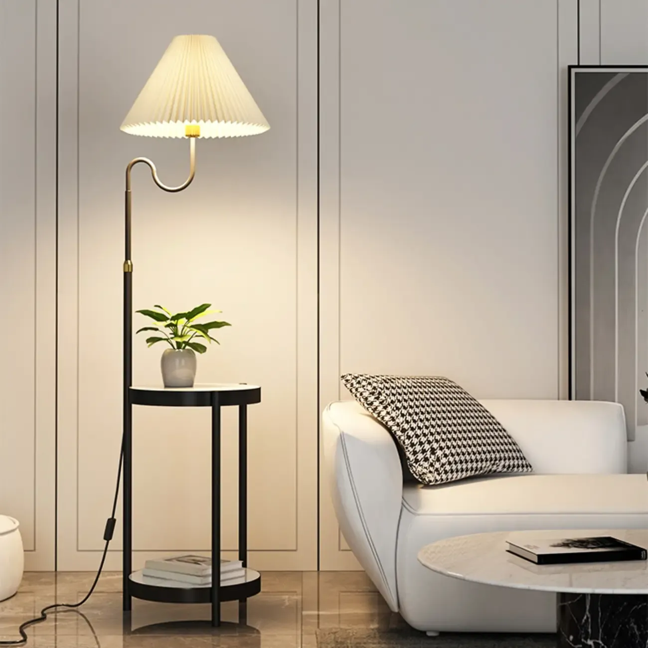 Practical Modern Metal Floor Lamp with Shelf and Pleated Shade Image - 3