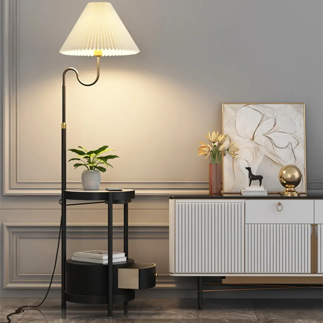 Practical Modern Metal Floor Lamp with Shelf and Pleated Shade Image - 6