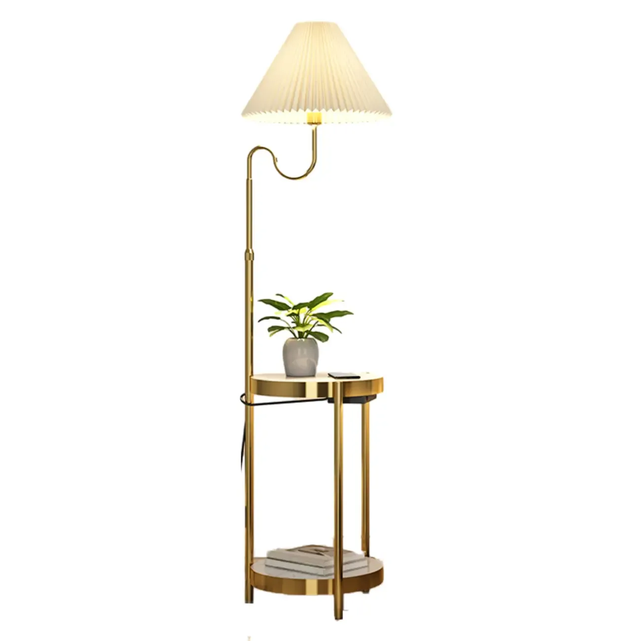 Practical Modern Metal Floor Lamp with Shelf and Pleated Shade Image - 9