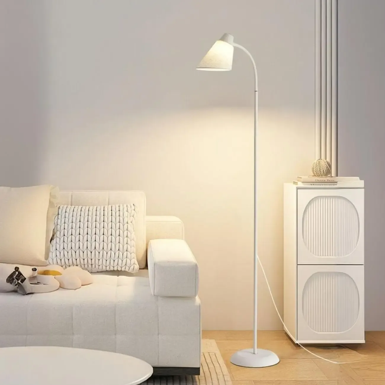 Metal Minimalist White Modern Floor Lamp with Fabric Shade Image - 1