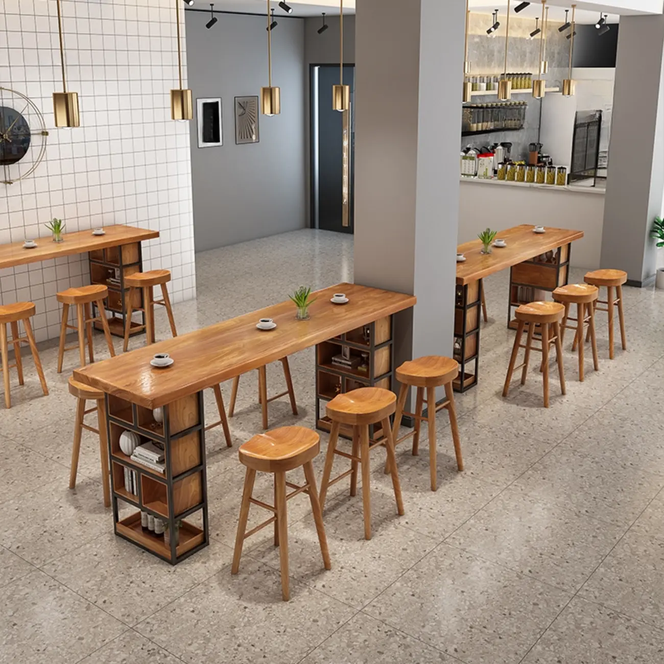 Wood Finish Pub Table Set with Storage and Backless Chair Image - 2 | homeyfad