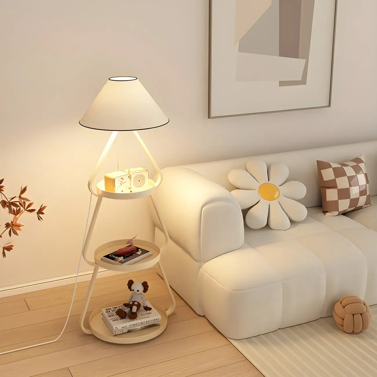 Practical Cream Floor Lamp with Shelves and Shade for Decor Image - 1