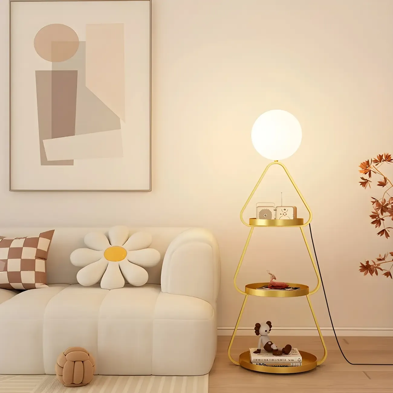 Practical Cream Floor Lamp with Shelves and Shade for Decor Image - 2
