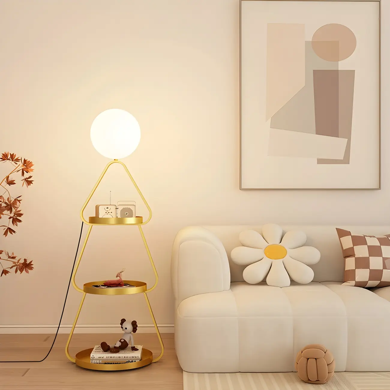 Practical Cream Floor Lamp with Shelves and Shade for Decor Image - 3 | homeyfad