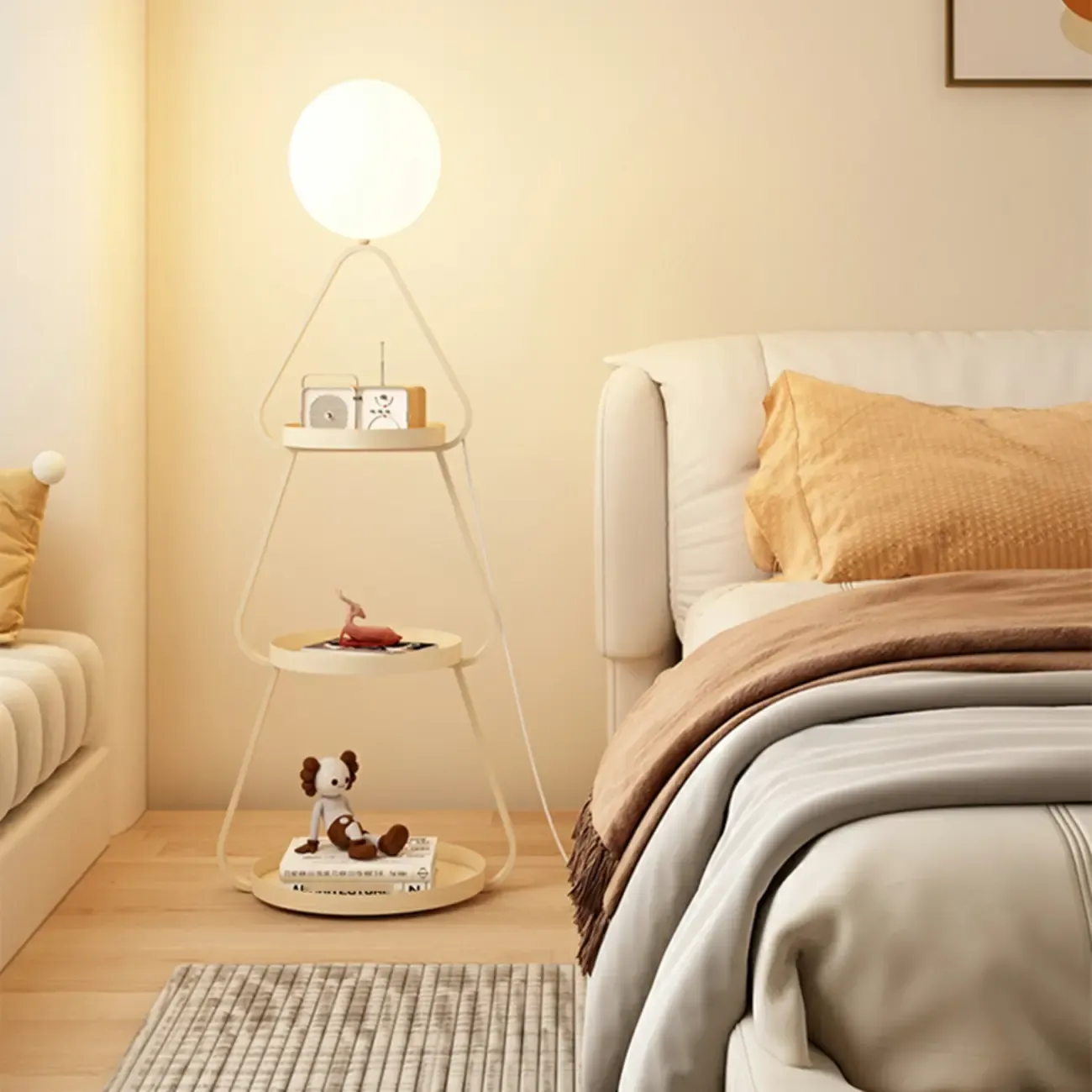 Practical Cream Floor Lamp with Shelves and Shade for Decor Image - 4