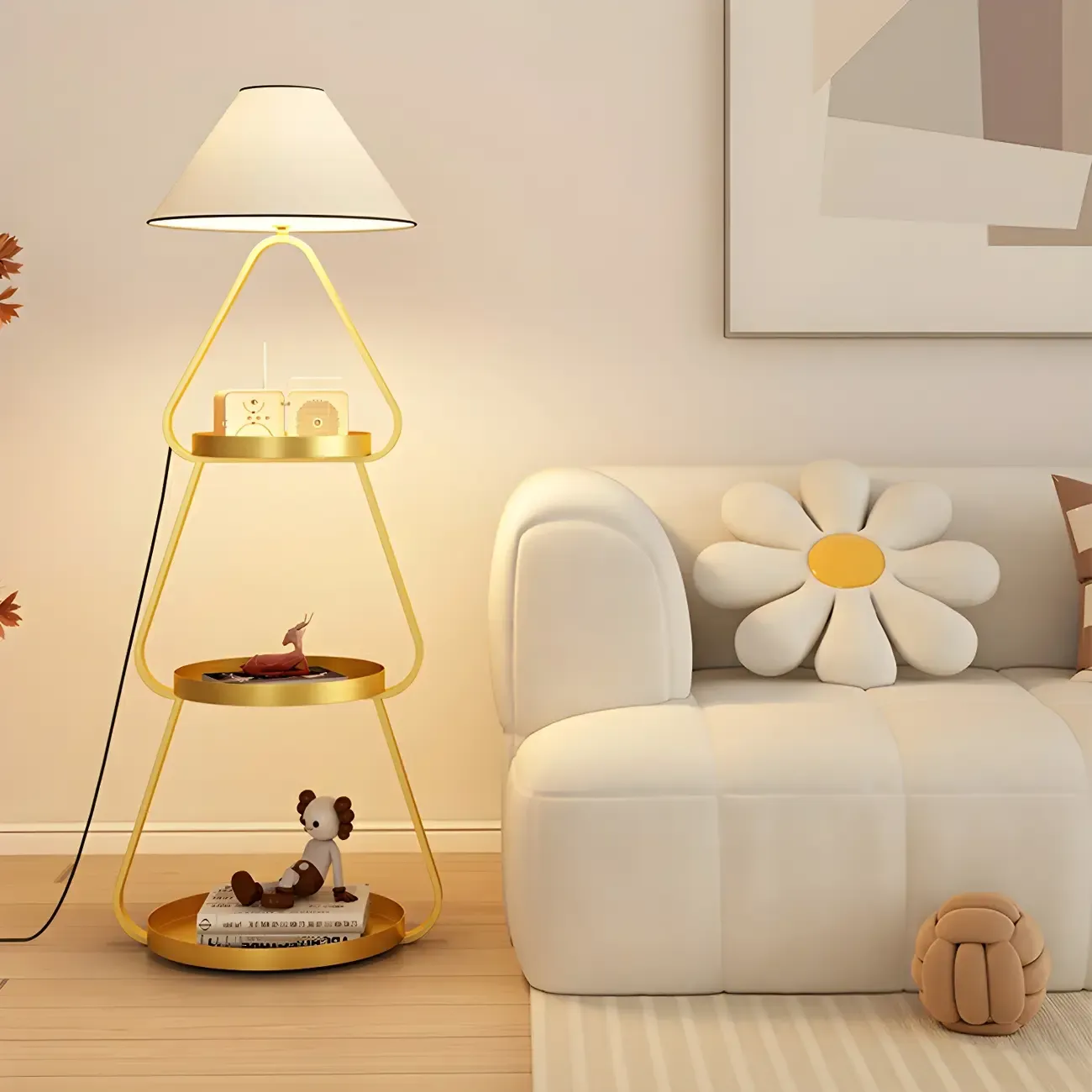 Practical Cream Floor Lamp with Shelves and Shade for Decor Image - 5